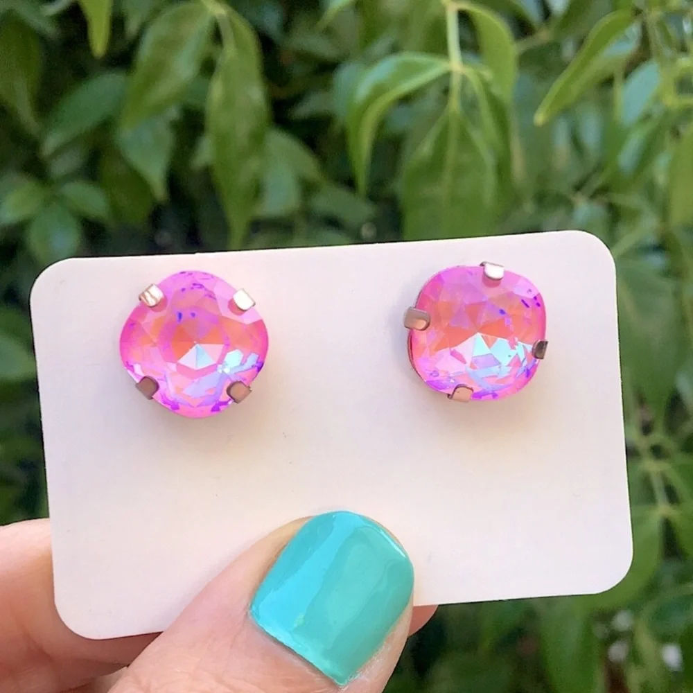 Pink Aurora Borealis Cushion Cut + Rose Gold Crystal Earrings